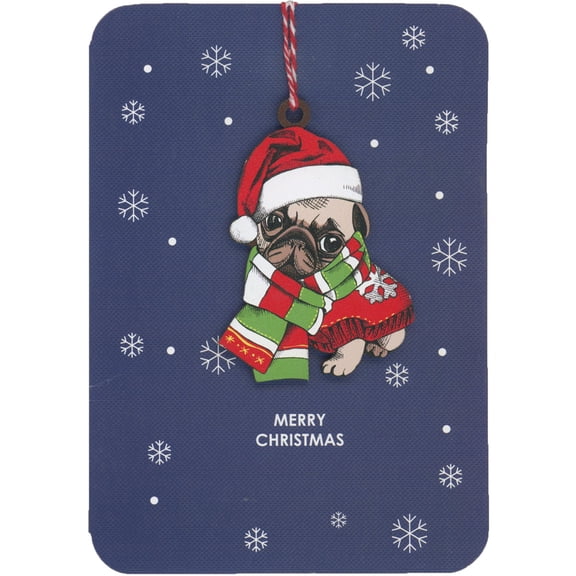 Alljoy Design Santa Pug Keepsake Wooden Ornament on Blue Background with Snowflakes Christmas Card