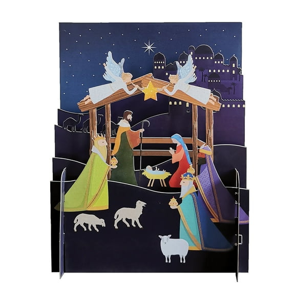Alljoy Design Simple Nativity Scene with Two Angels Above Manger 3D Pop Up Laser Cut Christmas Card