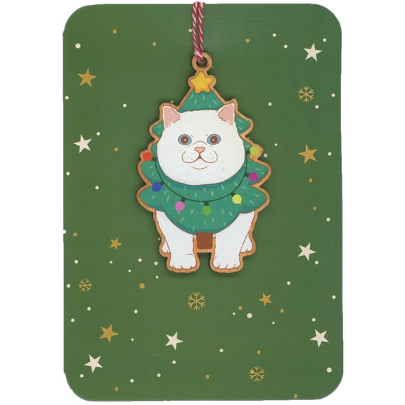 Alljoy Design Twinkle Cat Wearing Tree Costumes Keepsake Wooden Ornament on Green Background with Stars Christmas Card