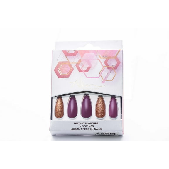 Allkem Berry Glam Press on Nails | Glossy Long coffin | 12 sizes - 30 pcs Ballerina Nail kit with Glue