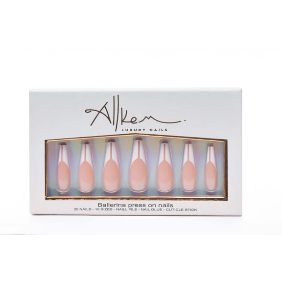 Allkem Dynamic French Press on Nails | Glossy Extra Long coffin | 10 sizes - 20 pcs Ballerina Nail kit with Glue