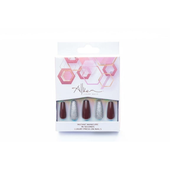 Allkem Fusion Maroon Press on Nails | Glossy Medium Long Ballerina | 12 sizes- 24 pcs Nail kit with Glue