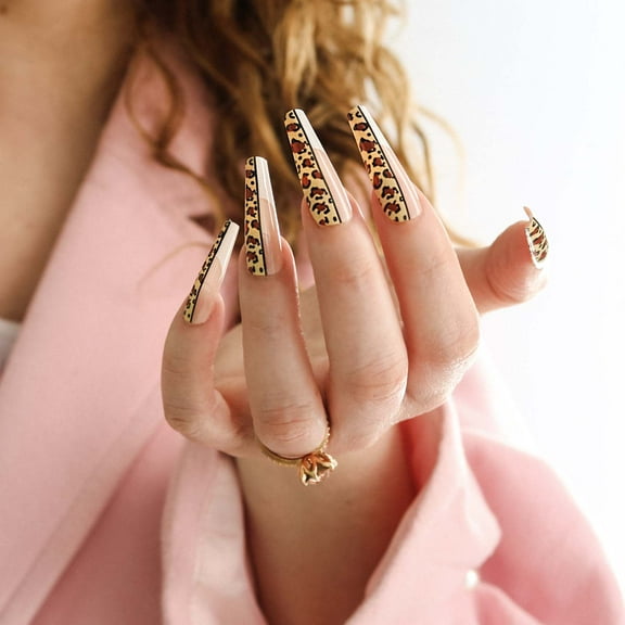 Allkem Leopard Print Ballerina Press on Nails | Glossy Extra Long Coffin| 10 sizes - 20 pcs Nail kit with Glue