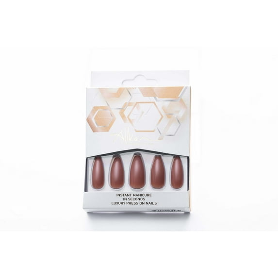 Allkem Mocha Press on Nails | Glossy Long coffin | 12 sizes - 30 pcs Nail kit with Glue