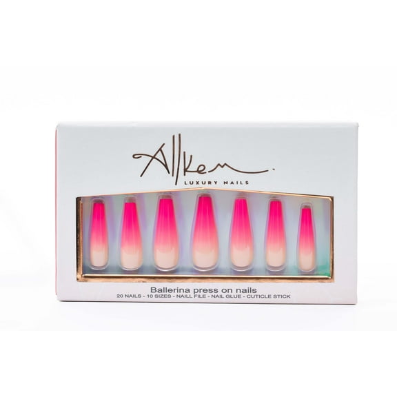 Allkem Pink Ombre Ballerina Press on Nails | Glossy Extra Long Coffin| 10 sizes - 20 pcs Nail kit with Glue