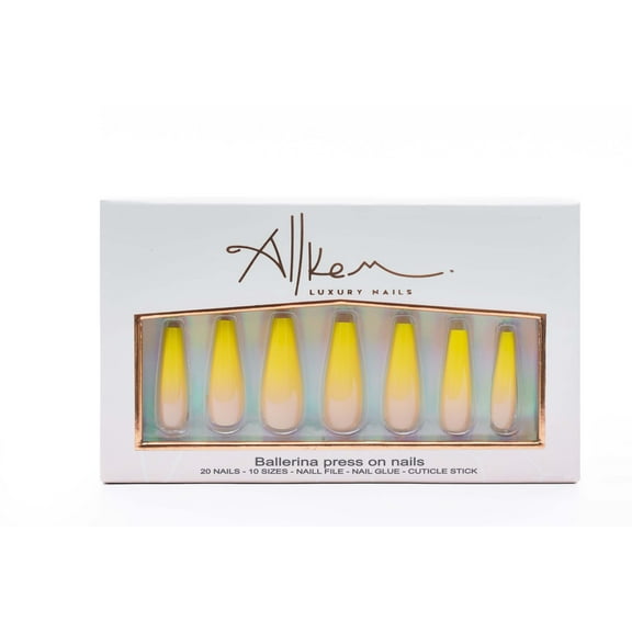 Allkem Sunburst Ombre Ballerina Press on Nails | Glossy Extra Long Coffin| 10 sizes - 20 pcs Nail kit with Glue