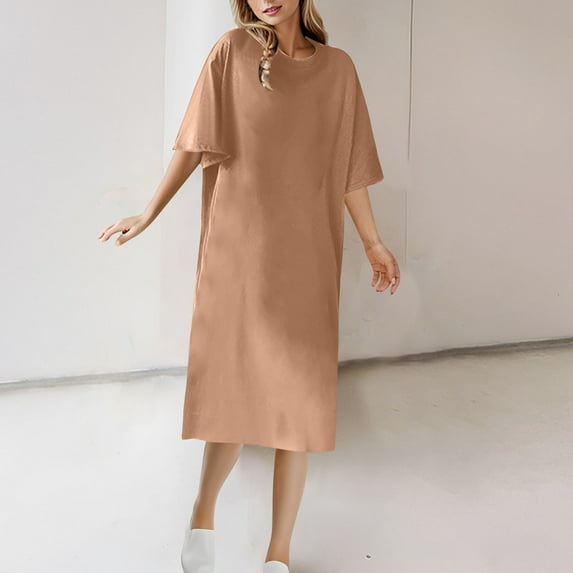 Alllist Brown Dresses For Women Crew Neck Fashion Short Sleeve Mid-Length Shift Dresses Solid Modern Relaxed Fit Casual Dresses Brown,Xxxl