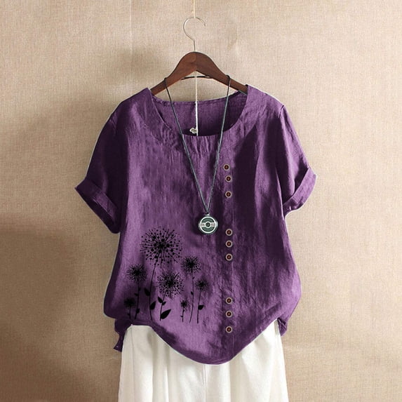 Alllist Cotton And Linen Cute Summer Tops for Women Scoop Neck Floral Short Sleeve T-Shirts Womens Shirts Clearance
