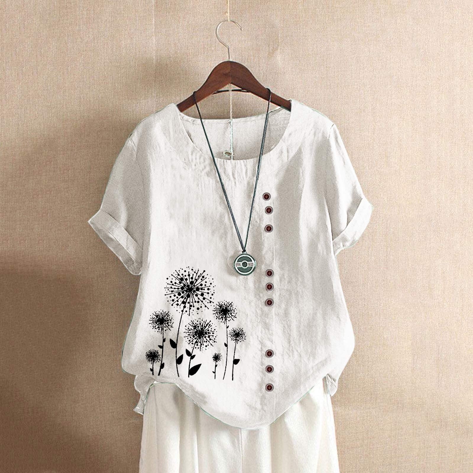 Alllist Cotton And Linen Cute Summer Tops for Women Scoop Neck Short ...