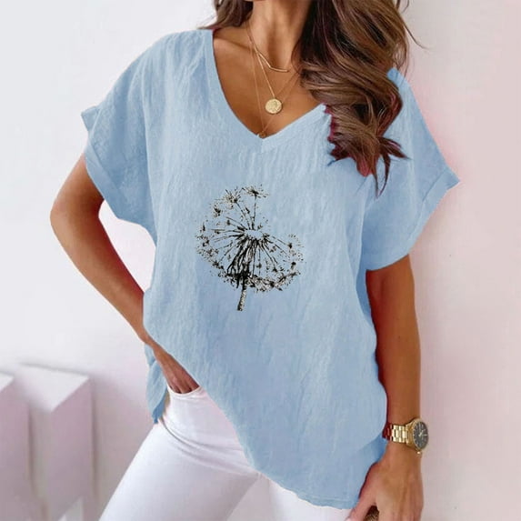 Alllist Cotton And Linen Tops for Women Trendy Floral V-Neck Short Sleeve T-Shirts Ladies Tops And Blouses