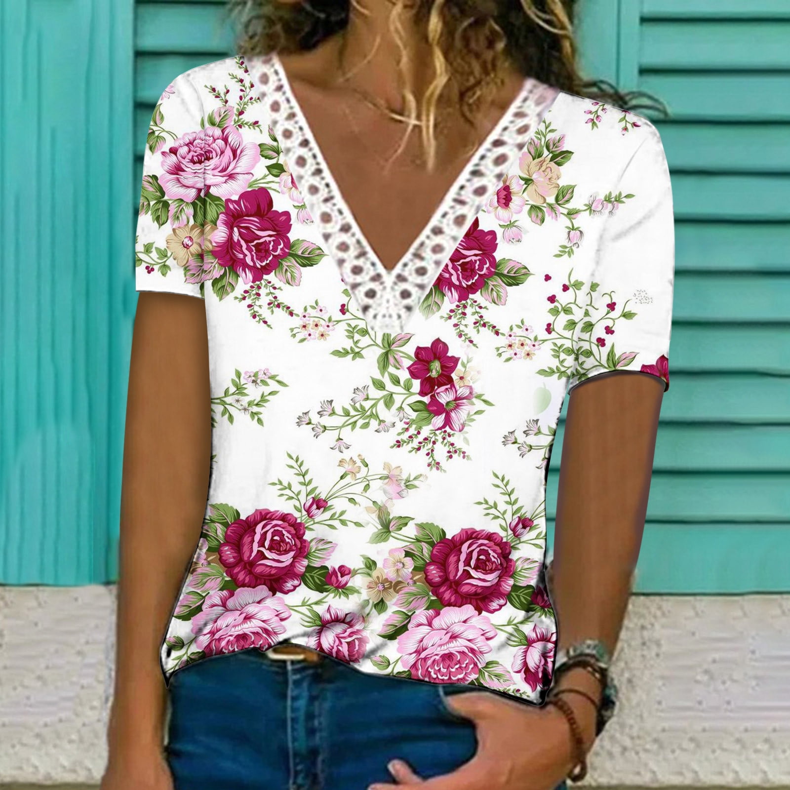 Alllist Floral Womens Tops Under $10 Short Sleeve V-Neck T-Shirts ...