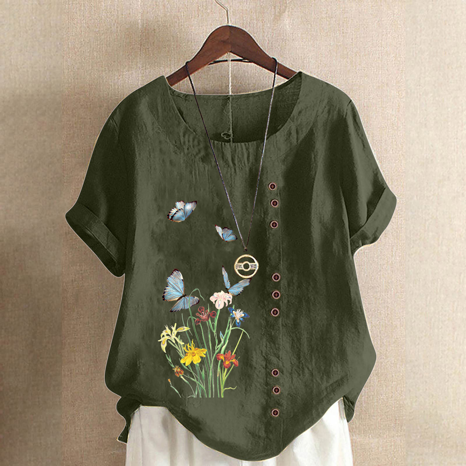 Alllist Going Out Tops for Women Green Cotton And Linen Scoop Neck ...