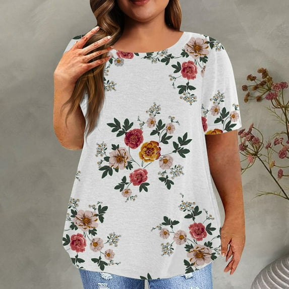 Alllist Gold Trendy Tops for Women 2024 Floral Short Sleeve Crew Neck T-Shirts Casual Blouses for Women