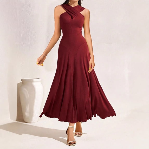 Alllist Halter Summer Fall Dresses For Women Refined Red Sleeveless Long Ball Gown Dresses Flowy Regular Modern Solid Dresses Red,Xl