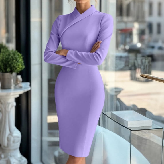 Alllist Mock Neck Dresses for Women Trendy Business Casual Long Sleeve Purple Mid-Length Bodycon Dresses Slim Solid Refined Modern Dresses Purple,Xxl