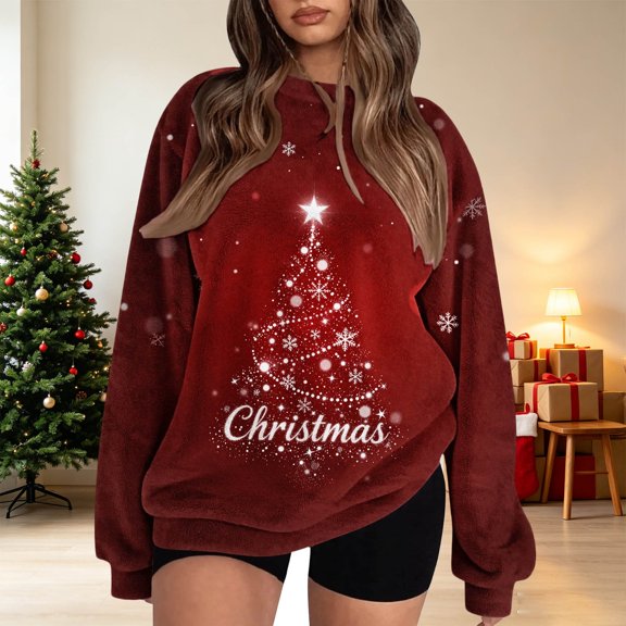 Alllist Multicolor Christmas Sweatshirts Womens Long Sleeve Crew Neck Christmas Tree Star Winter Flannel Sweatshirt Geometric Refreshing,L