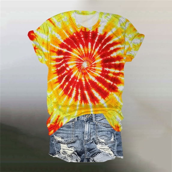 Alllist Oversized Tshirts for Women Tie Dye Short Sleeve Shirts Crew Neck Womens Tops Summe Yellow,Xxxl