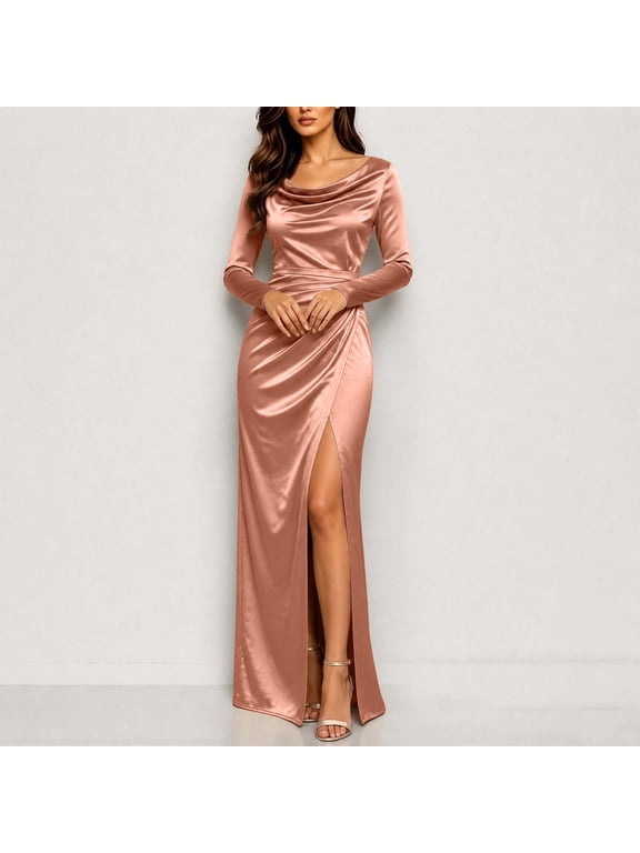 Rose Gold formal Dresses Long Sleeve Crew Neck Refined Front High Split Fall Winter Satin Maxi Bodycon Dresses Solid Elegante Slim,S