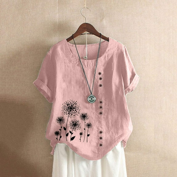 Alllist Scoop Neck Spring Tops for Women 2024 Cotton And Linen Floral Short Sleeve T-Shirts Womens Shirts Plus Size