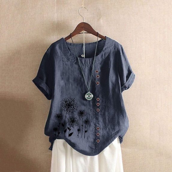Alllist Scoop Neck Tops for Women Trendy Short Sleeve Cotton And Linen Floral T-Shirts Summer Blouses
