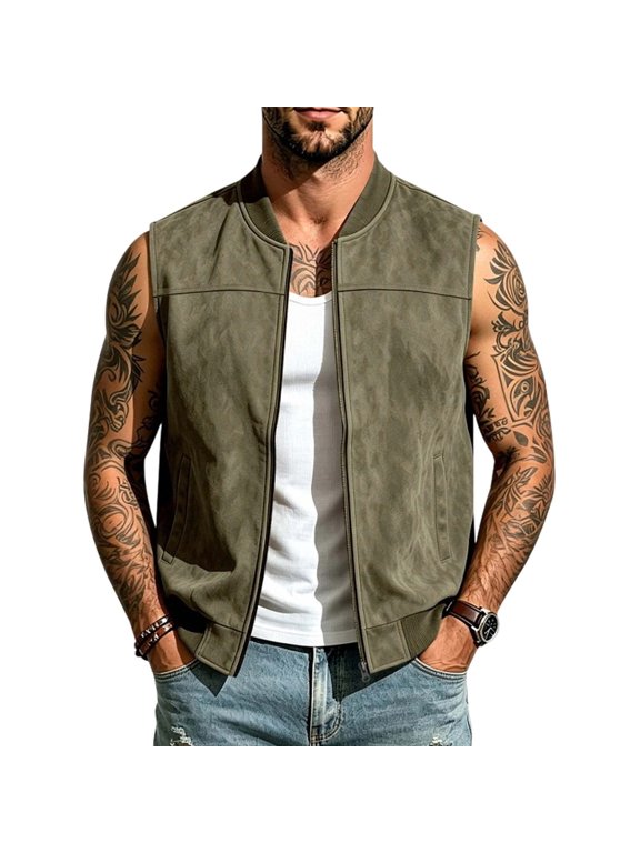 Short Army Green Fleece Jackets for Men Sleeveless Zip Mock Neck Western Style Refined Mid-Weight Windbreaker Jackets Soft Retro Vintage,S