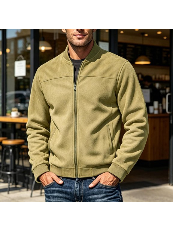 Short Army Green Mens Western Jacket Long Sleeve Crew Neck Retro Vintage Business Casual Mid-Weight Bomber Jackets Stylish Soft Luxe,L