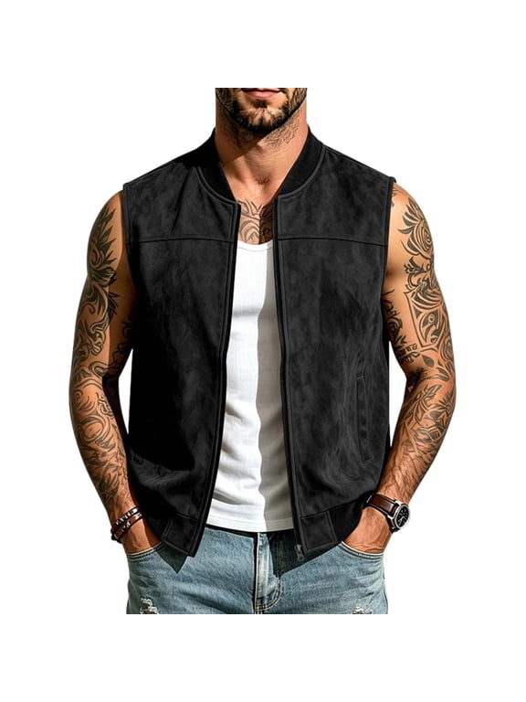Short Black Suede Mens Jacket Sleeveless Zip Mock Neck Western Style Refined Mid-Weight Windbreaker Jackets Soft Retro Vintage Full Zip,S