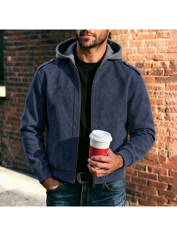 Short Blue Suede Mens Jacket Long Sleeve Hooded Western Style Patchwork Winter Mid-Weight Windbreaker Jackets Soft Retro Vintage Full Zip,S