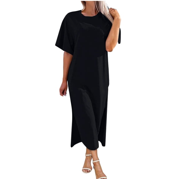 Alllist Short Sleeve Women'S Clothing Minimalist Black Crew Neck Long Shift Dresses Side Split Modern Solid Relaxed Fit Dresses Black,L