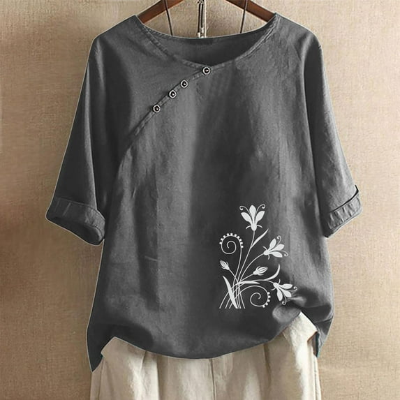 Alllist Spring Tops Gray Floral Button Scoop Neck Short Sleeve T-Shirts Blouses for Women Dressy Casual
