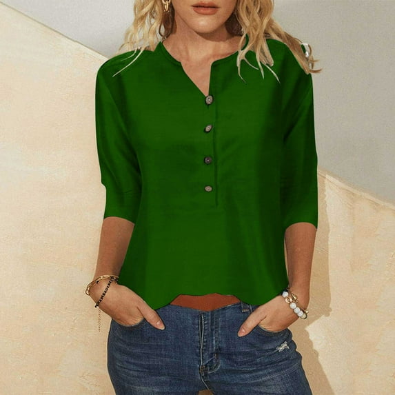 Alllist Spring Tops Green Button Solid 3/4 Sleeve V-Neck T-Shirts Womens Shirts Plus Size