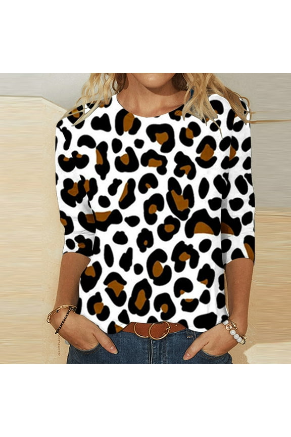 Spring Tops for Women 2024 Brown Floral 3/4 Sleeve Crew Neck T-Shirts Spring Blouse