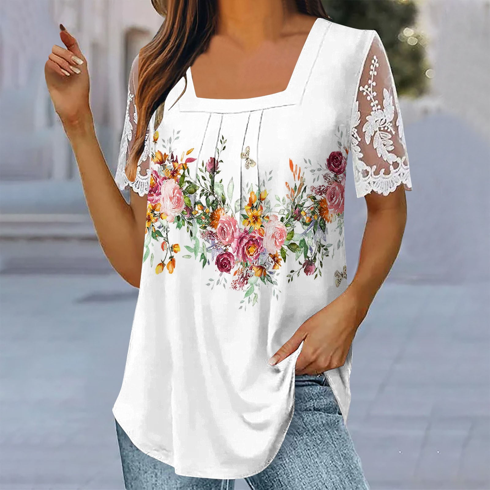 Alllist Spring Tops for Women 2024 Short Sleeve Graphic Lace Crew Neck ...