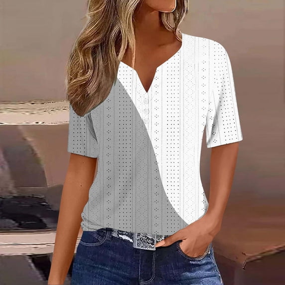 Alllist Spring Tops for Women Gray Graphic Button Elbow-Length Notch Neck T-Shirts Casual Blouses for Women