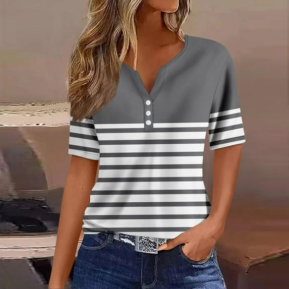 Alllist Summer Tops Gray Graphic Button Elbow-Length Notch Neck T-Shirts Women's Blouse
