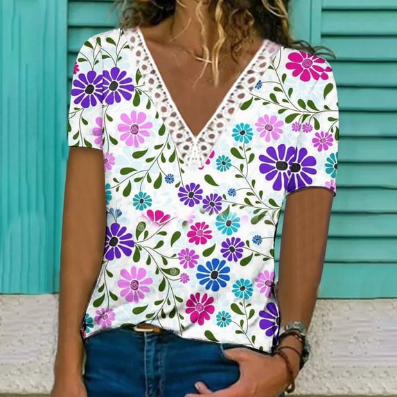 Alllist V-Neck Womens Tops Under $5 Floral Short Sleeve T-Shirts Ladies Tops And Blouses