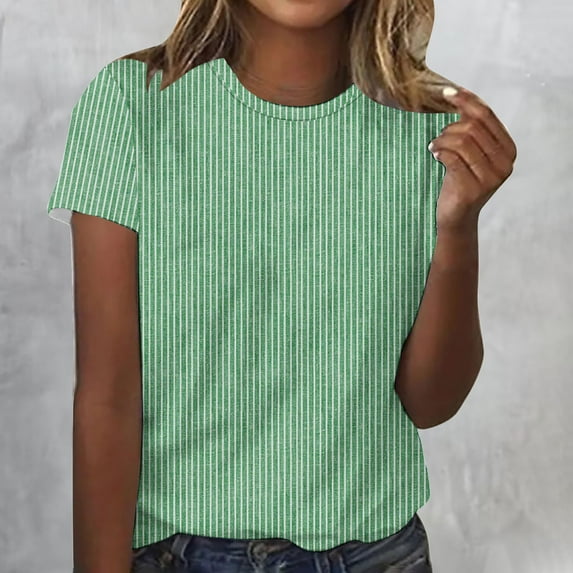 Alllist Women's Tops Green Striped Crew Neck Short Sleeve T-Shirts T Shirts for Women