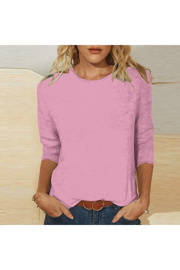 Womens Spring Tops Pink Crew Neck Solid 3/4 Sleeve T-Shirts Women's Blouse