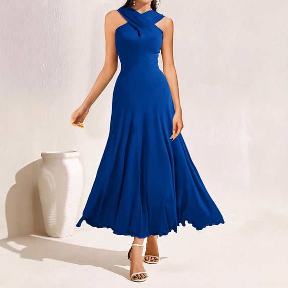 Alllist Womens Summer Fall Dresses Sleeveless Halter Refined Blue Long Ball Gown Dresses Solid Regular Flowy Modern Dresses Blue,Xl