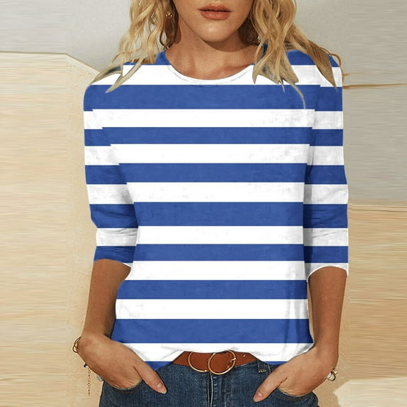 ALLLIST Crew Neck Spring Tops for Women 2024 Blue Short Sleeve Striped T-Shirts Dress Blouses for Women