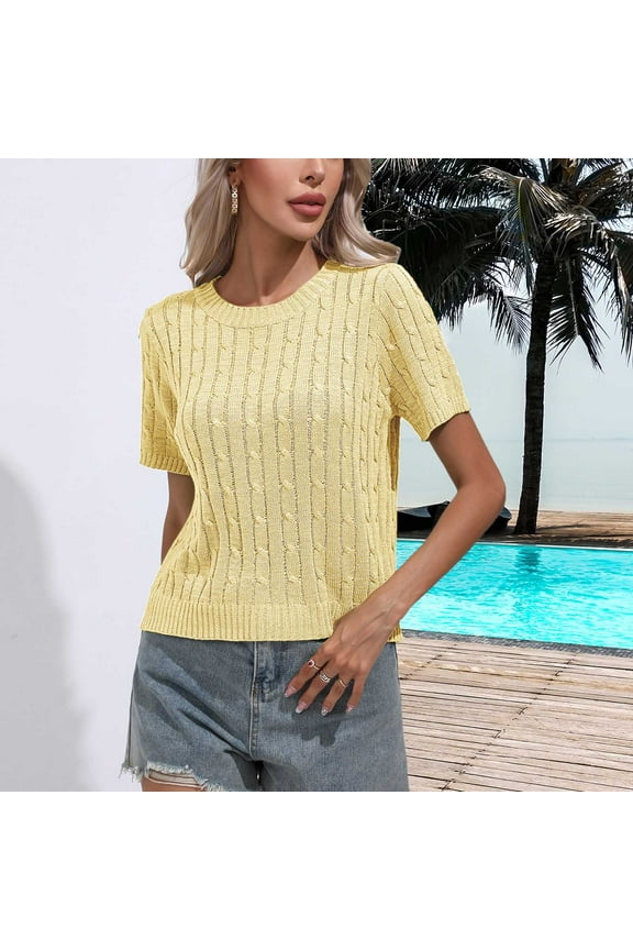 Womens Summer Tops Yellow Crew Neck Short Sleeve Solid T-Shirts Ladies Tops And Blouses