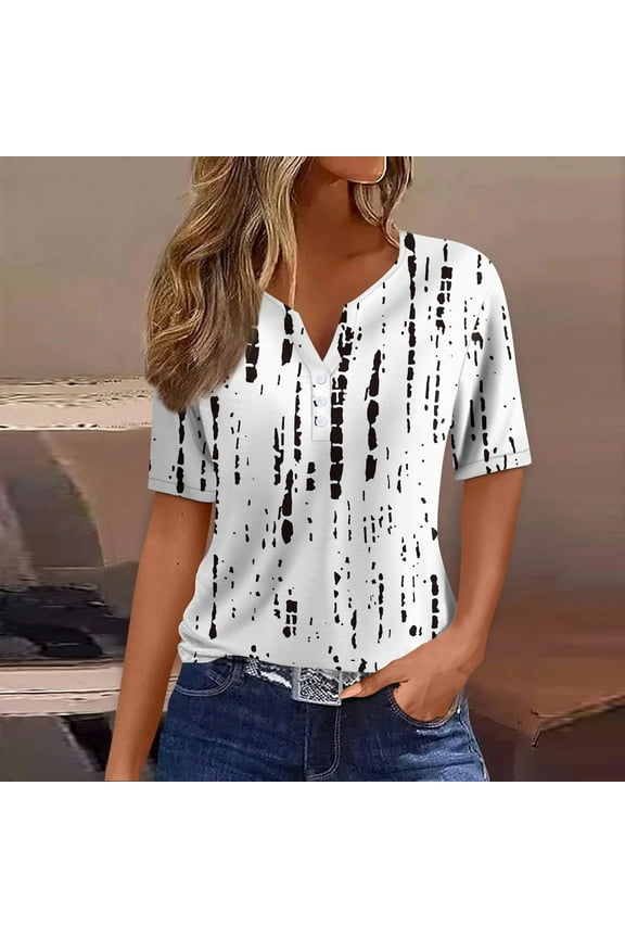 Womens Tops Under $10 White Notch Neck Elbow-Length Button Graphic T-Shirts Womens T Shirts