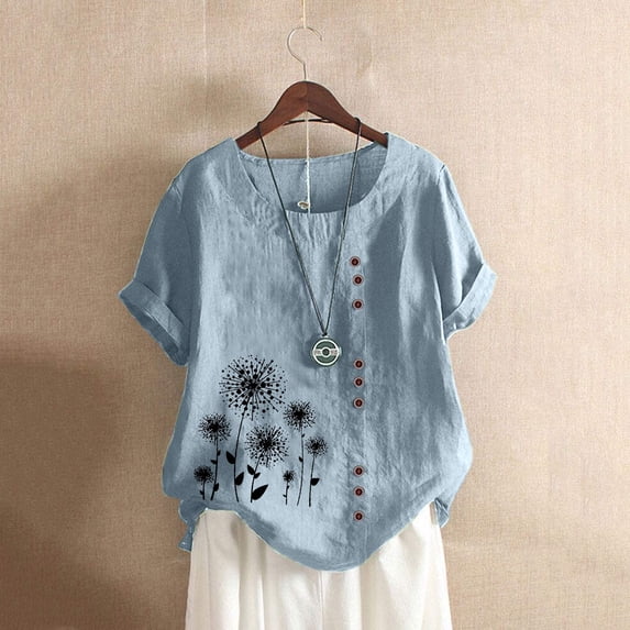 Alllist Womens Tops Clearance Under $5 Cotton And Linen Short Sleeve Scoop Neck Floral T-Shirts Blouse for Women