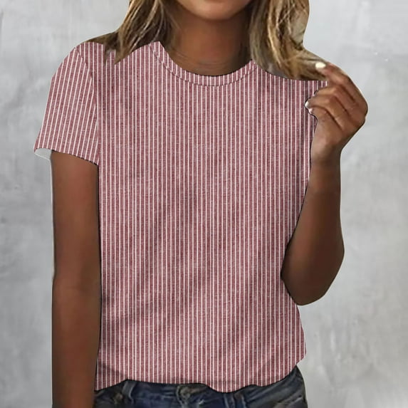 Alllist Womens Tops Clearance Under $5 Pink Short Sleeve Crew Neck Striped T-Shirts Womens Shirts