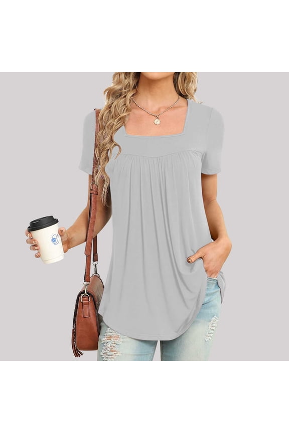 Womens Tops Under $5 Short Sleeve Square Neckline Solid T-Shirts Blouses
