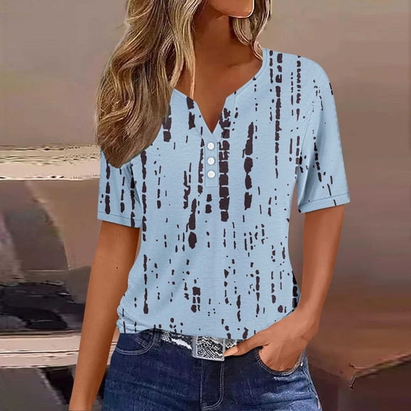 Alllist Work Shirts for Women Short Sleeve Boho Henley Shirts V Neck Going Out Tops for Women Light Blue,L