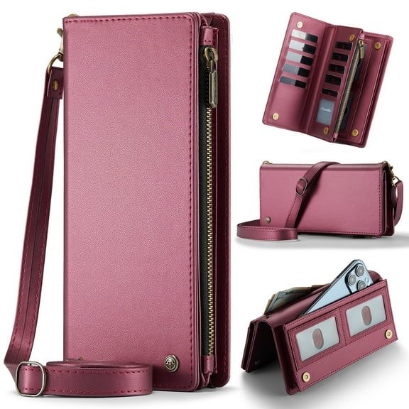 Alllytechgroup Wristlet Wallets for Women, Genuine Leather Zipper Purse Phone Pocket Credit Card Holder Large Capacity Trifold Ladies Wallet, Winered