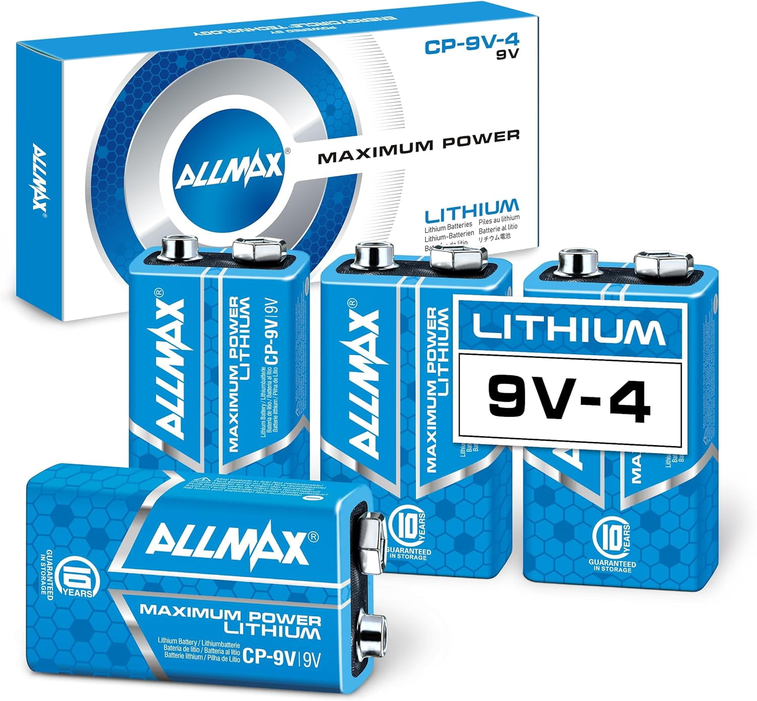 Allmax 9V Maximum Power Lithium Batteries (4 Count) – Longest Lang, Leakproof, 10-Year Shelf Life, Ultimate Performance – Perfect for Smoke Detectors (9 Volt)