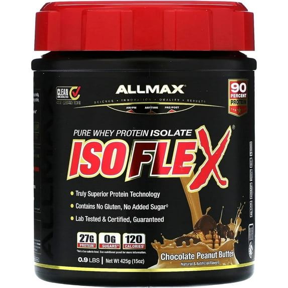 Allmax ISOFLEX Whey Protein Isolate, Chocolate Peanut Butter - 0.9 lb - 27 Grams of Protein Per Scoop - Zero Fat & Sugar - 99% Lactose Free - Gluten Free & Soy Free - Approx. 15 Se