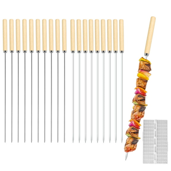 Allnice 20Pcs Kebab Skewers Stainless Steel BBQ Skewers Reusable Metal Skewer Sticks Barbecue Grilling Skewers 33CM Meat Skewers with Wooden Handle with Quick Meat String Device